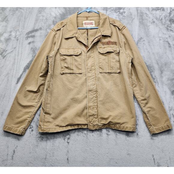 Vintage Mossimo Jacket Mens L Tan Canvas M65 Military Button Zip Distressed - Picture 1 of 12